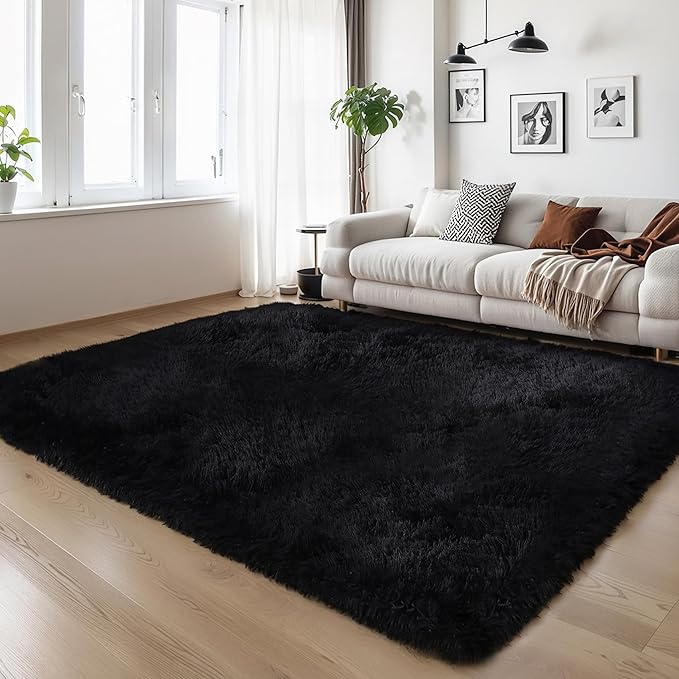 KCHOWUA Thick Area Rug Black Fluffy Shag 5x8 for Bedroom, Ultra Soft Plush Shaggy Fuzzy Carpet, Thickened Washable Non-Slip Cozy Furry Rug for Living Room, Kids, Girls Boys Baby Nursery, and Dorm