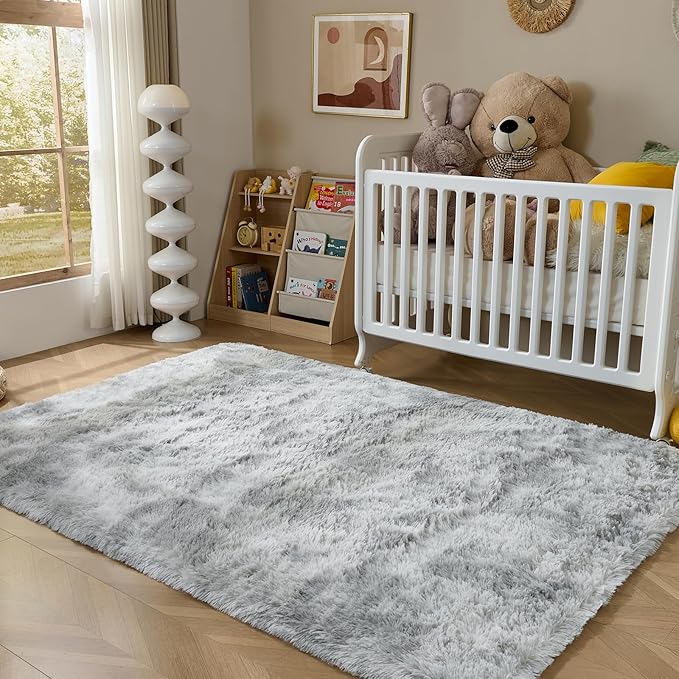 Fluffy Area Rugs for Bedroom - Soft Plush Shag Rug for Living Room Nursery Kids Room - Non Slip Fuzzy Shaggy Floor Carpets for Girls Boys Play Room Dorm Decor (Tie-Dyed Light Grey, 4' x 6')
