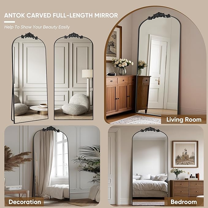Antok Arched Full Length Mirror, 76"x34" Floor Mirror with Carved, Full Body Mirrors for HomeDecor, Standing/Halling Large Wall Mirror for Bedroom, Living Room, Cloakroom, Black, Retro Style