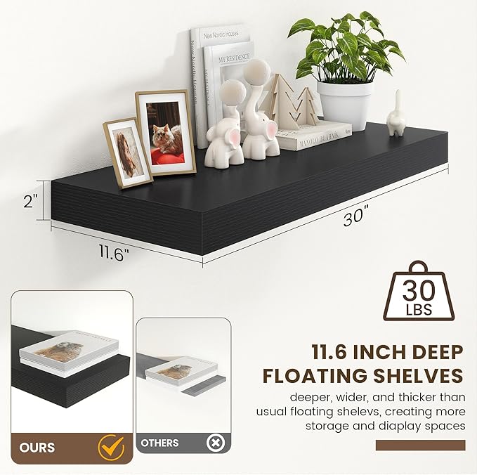 FLYJOE 30 Inch Floating Shelves | 12 Inch Deep Black Floating Shelves | 30" W x 12" D Rustic Wood Shelves for Wall | Deep Black Shelves for Living Room Bathroom Laundry Room Kitchen