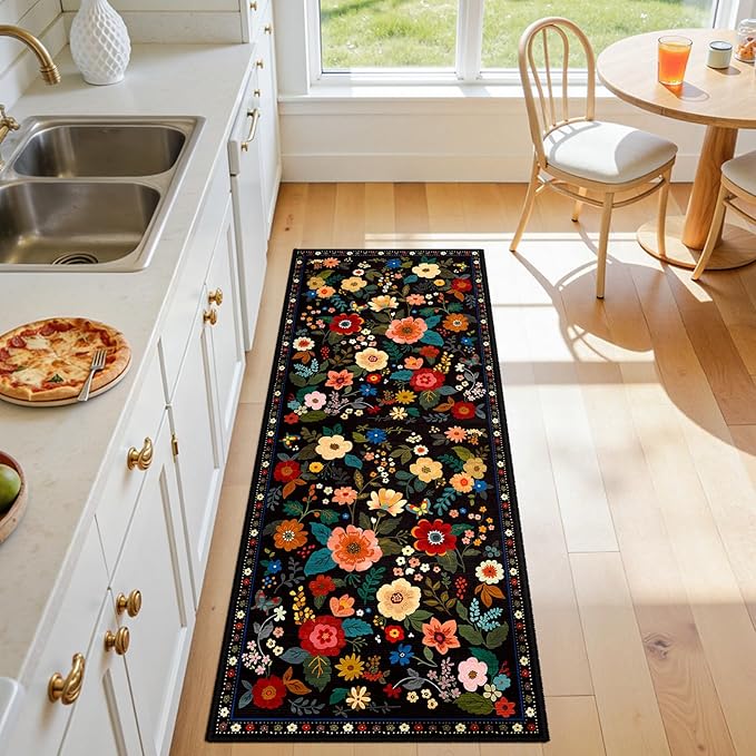 RELEANY Floral Nursery 2x5 Area Rugs Washable Print Boho Cute Carpet Non Slip Flower Low Pile for Living Room Kids Girls Playroom Bedroom Kitchen Office Farmhouse-Black