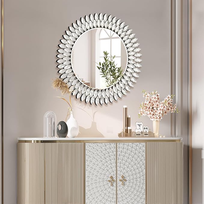 26 Inch Round Mirrors for Wall Decor, Luxury Diamond Entryway Mirrors for Wall, Silver Decorative Mirror for Living Room, Bedroom, Bathroom, Dining Room, Fireplace