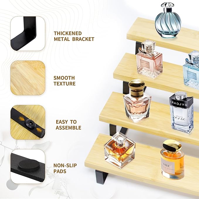 Bamboo Display Risers, 4 Tier Cologne Stand Perfume Organizer for Men, Large Cupcake Dessert Shelf for Party, Riser Stand for Decoration and Organizer, Party, Makeup, Figures, Cupcake