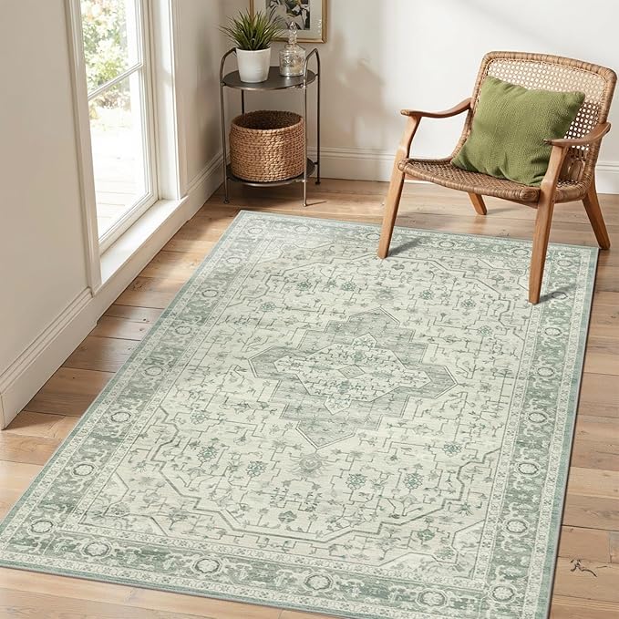 Rugxara Washable Area Rug for Living Room, Vintage Boho Rugs for Office, Dining Room, Kids Room, Farmhouse, Durable Low Pile Non Slip Carpet for High Traffic Areas, Sage Green(4x6 ft)