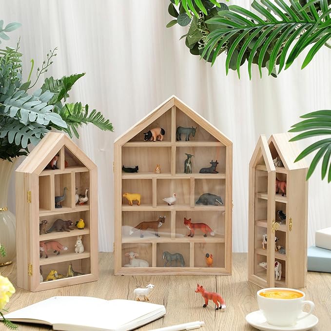 DoubleFill Set of 3 Wooden Trinket Display Shelf Shadow Box with Shelves 10 x 15 Inch Large Wall Mounted Display Storage Mini Figures Curio Trinket Medals Crafts Collections(Wood Color,House Shape)