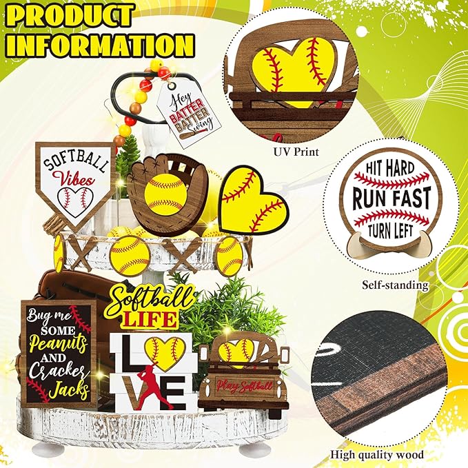 FairySandy 13 Pcs Softball Tiered Tray Decor Birthday Decorations Softball Wooden Table Decor Rustic Sport Game Sign for Fans Theme Supplies