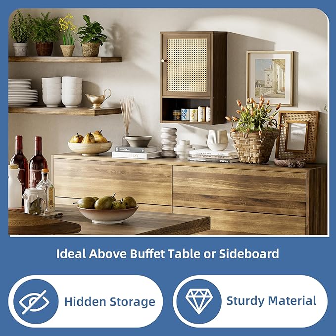 HITNET Bathroom Cabinet Wall Mounted, Medicine Cabinet with Single Rattan Door, Bamboo Hanging Storage Organizer Over Toilet, Space Saving, Walnut