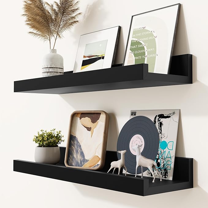 Heimlove Picture Ledge Shelf, Small Floating Shelves Set of 2, 16 Inches Picture Shelf for Wall with Ledge, Kids Bookshelf Wall Mounted for Living Room Bedroom Decor，Black