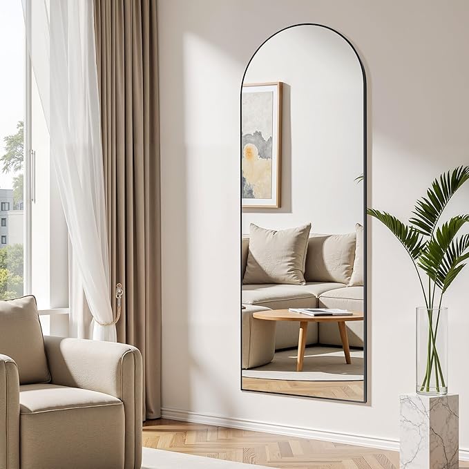 Simple Deluxe Arched Full Length Mirror, Floor Mirror with Stand, 59"x16" Large Mirror, Wall Mirror Full Length, Body Floor Mirror, Wall Mounted Mirror for Bedroom, Black