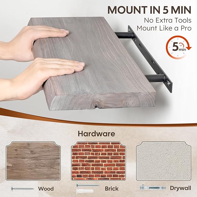 Live Edge Floating Shelf, 48 Inch Solid Elm Wood - Weathered Gray Rustic Wood Wall Shelf with Invisible Brackets for Living Room, Kitchen, Bathroom