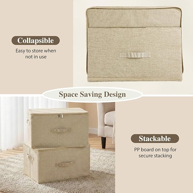 ANMINY 3PCS Storage Bins with Zipper Lids 51.9 Qt Lidded Fabric Storage Boxes Baskets Cubes with Handles Collapsible Washable Cotton Linen Closet Shelf Clothes Organizer - Beige, Extra Large