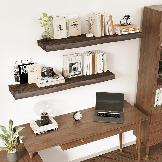 Vivelove Live Edge Floating Shelves for Wall Solid Elm Wood, Rustic Farmhouse Wall Shelf with Invisible Bracket for Living Room Bedroom Bathroom Office Book, 32 Inches - Set of 2 - Dark Walnut