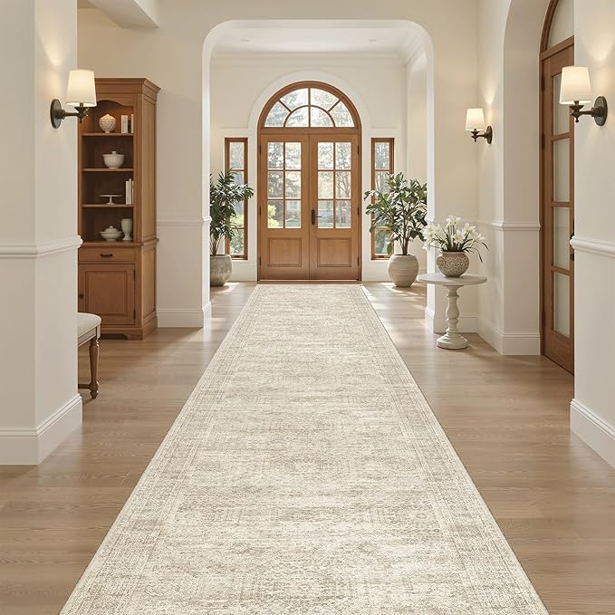 Soalmost Hallway Runner 3x14 - Runner Rugs 14ft Washable Entryway Rug Vintage Kitchen Runners Non Slip Indoor Rug Farmhouse Carpet Runner for Bathroom Living Room Bedroom, Beige