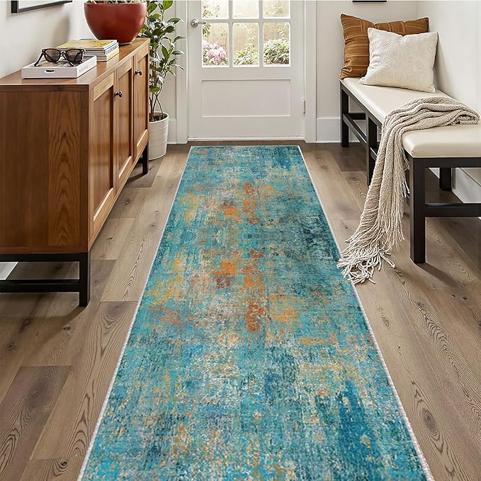 RELEANY Washable Area Rugs 2'x10' Non-Slip Modern Abstract Soft for Living Room Entryway Bedroom Nursery, Print Pattern, Teal Blue Green Orange Rust Red Coloreful