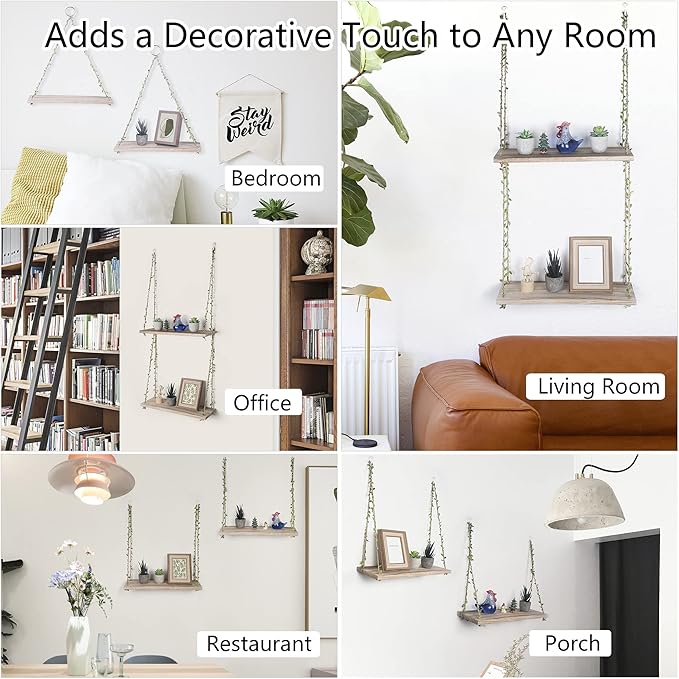 MITIME Hanging Shelves for Indoor Wall and Window - Floating Wall Shelves for Plant Display, Boho Style Home Decor.(Leaf Rope, Light Color,Large*2)