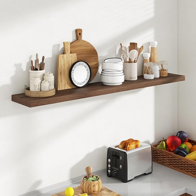 Acovy 55 Inch Floating Shelves, 8 Inch Deep Floating Shelves for Wall, Hanging Shelf with Invisible Brackets, Deep Shelves for Bathroom, Bedroom, Living Room, Walnut, Set of 1
