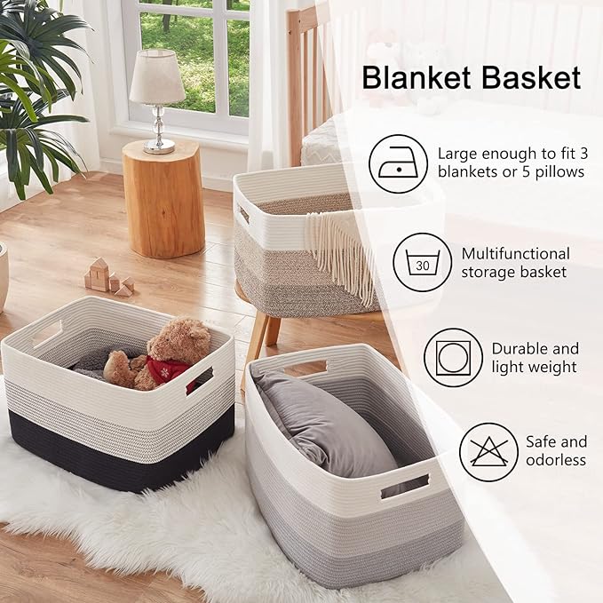 OIAHOMY Large Blanket Basket, 22”x17”x12” Rectangle Woven Baskets, Nursery Blanket Storage Living Room, Toy Storage With Handle, Large Baskets for Organizing-Gradient Yellow