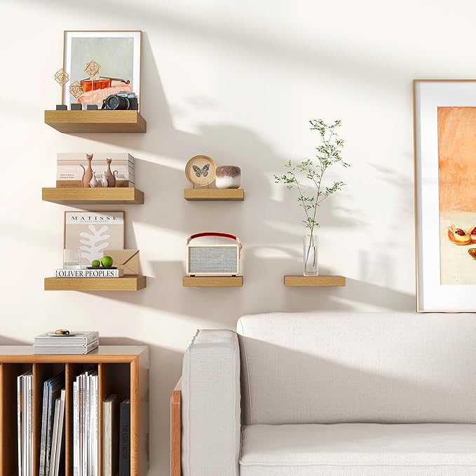 Square Floating Shelves for Wall 12"W x 12"D x 1.4"H, Small Engineered Wood Wall Shelves with Invisible Brackets for Living Room Bedroom Bathroom Office Kitchen Storage Decor, Oak Finish, Set of 3
