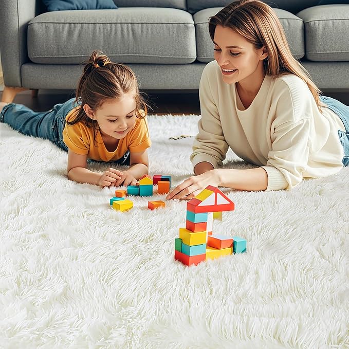 Fluffy 9x12 Large Area Rugs for Bedroom Living Room, Cream White Soft Washable Shag Carpet for Kids Room, Nursery, Dorm Decor, Colorful Cute Plush Fuzzy Rugs for Baby Toddler