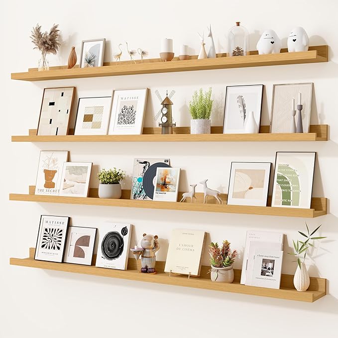 Heimlove Picture Ledge Shelf,48 inch Long Floating Shelves for Wall Set of 4,Picture Shelf with Lip for Wall Decor,Living Room,Bedroom,Bookshelf,Nursery,Perfume,Oak Color