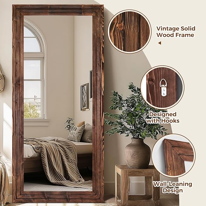 Full Length Wood Mirror 76x34 - Rustic Solid Wood Floor Mirror with Triple Layer Frame, HD Tempered Glass, Wall Mounted or Leaning Standing Mirror Vintage Brown Mirror for Bedroom Bathroom Living Room