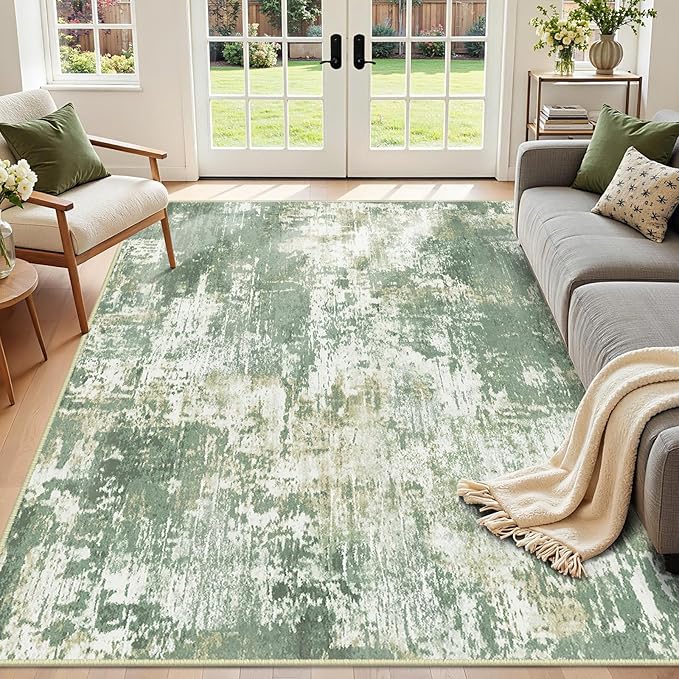 RELEANY Washable Area Rugs 9'x12' Non-Slip Modern Abstract Soft for Living Room Entryway Bedroom Nursery, Print Pattern, Light Green/Yellow