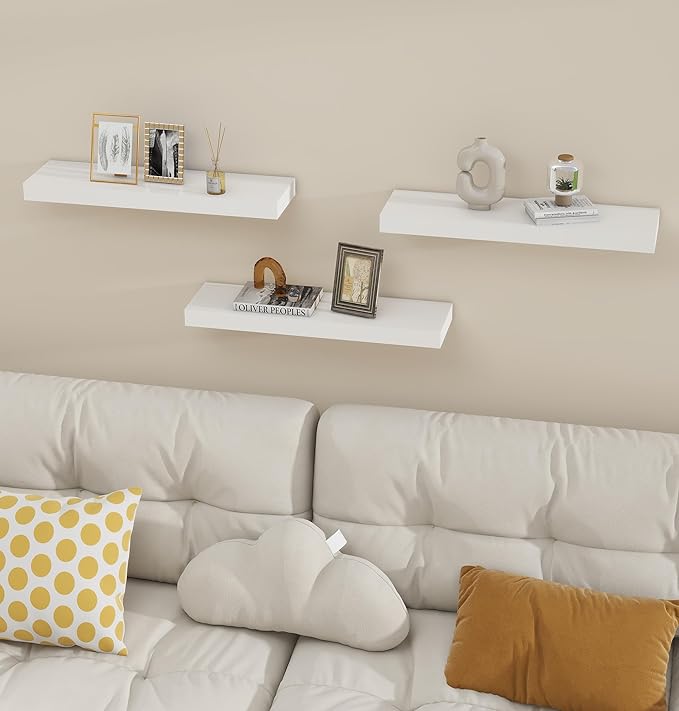 Vervida® White Floating Shelves for Wall, 24" Rustic Wood Deep Wall Mounted Shelves with Invisible Brackets for Decor & Storage, Floating Shelf for Living Room, Bathroom (Set of 3)