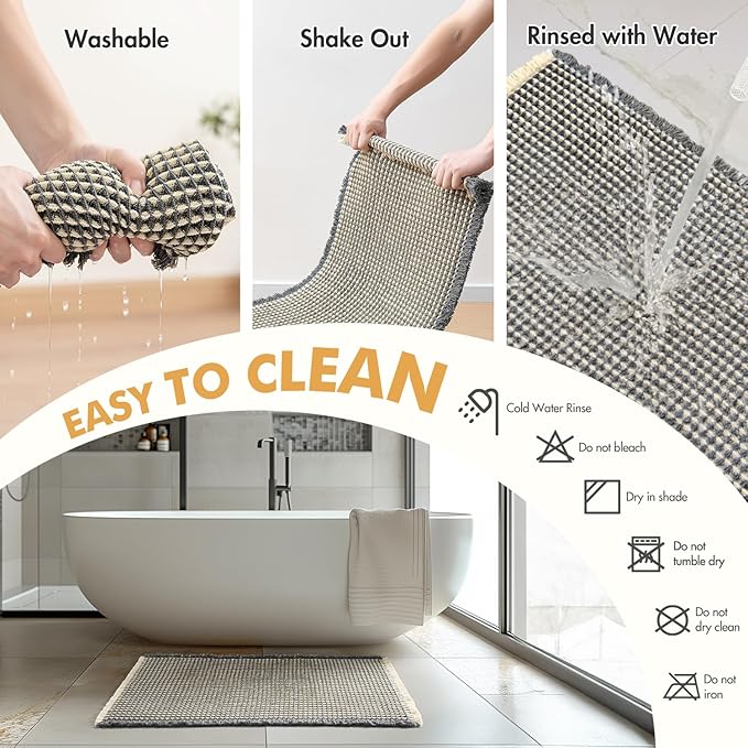 MIULEE Set of 2 Waffle Bathroom Rugs, Boho Bath Rugs Non Slip Washable, Super Absorbent Bath Mats, Ultra Soft Rubber Backed Shower Mats for Bathroom Floor, Tub, Dark Grey & Yellow, 17"x24"+18"x30"