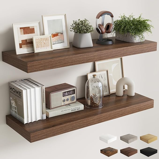 Fun Memories 12 Inch Deep Floating Shelves, 40 x 12 Floating Shelves for Wall Set of 2, Extra Deeper Hanging Wood Wall Shelves for Bedroom, Living Room, Kitchen, Walnut