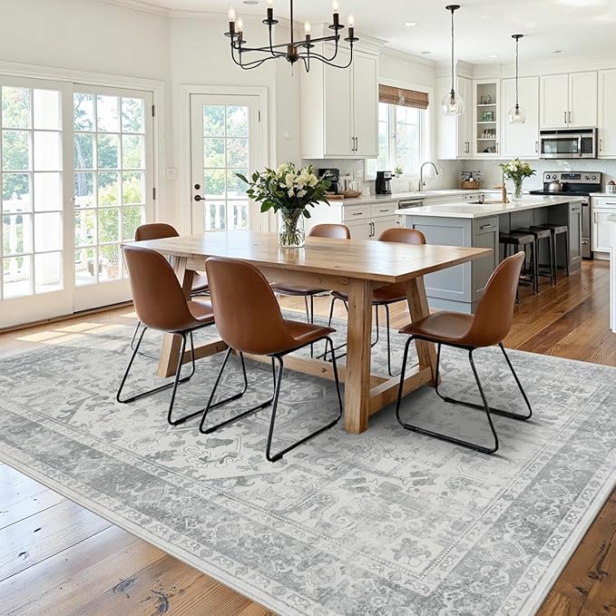 Rugxara 6x9 Washable Area Rug for Living Room, Neutral Vintage Large Boho Rugs for Office, Dining Room, Kids Room, Farmhouse, Durable Low Pile Non Slip Carpet for High Traffic Areas, Light Grey