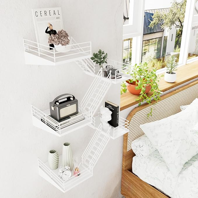 Fire Escape Shelf - 5 Tier Large White Metal Fire Escape Wall Shelves with Baskets, New York Action Figurine Display Shelf, Unique Rustic Floating Decorative Wall Shelves for Home