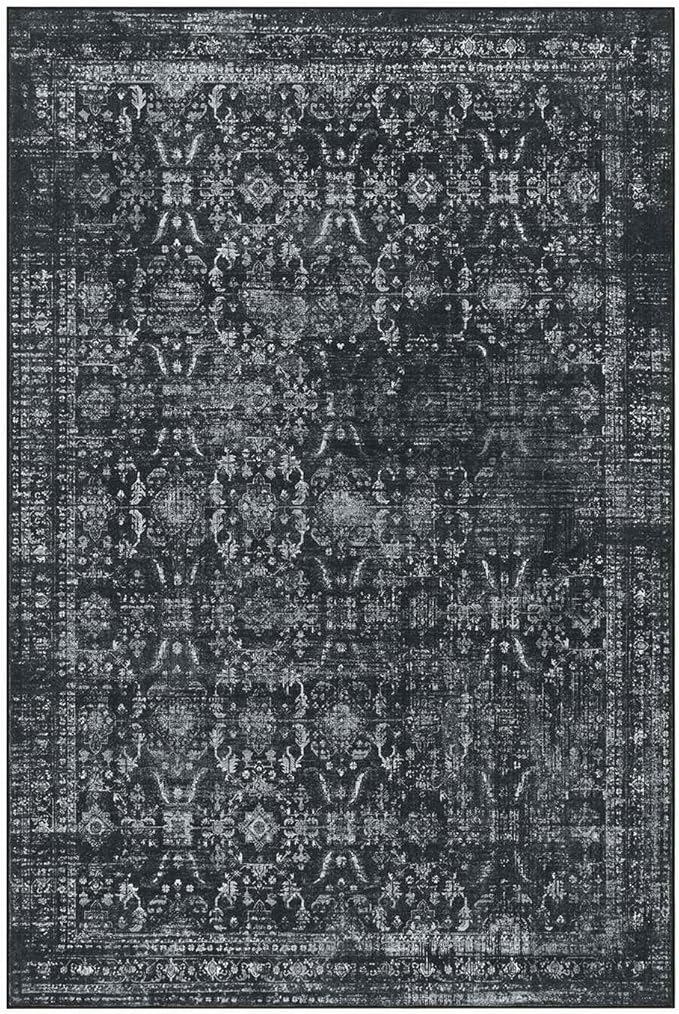 Rugxara 10x14 Area Rugs for Living Room Bedroom, Large Washable Rug, Black Vintage Floral Boho Rug, Non Slip & Low Pile Faux Wool Thin Carpet for Indoor Dining Room and Kids Room(Black 10x14ft)