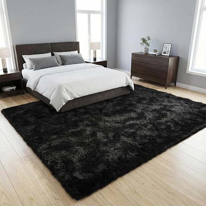 Large Area Rug for Living Room, 7x10 Soft Fluffy Shaggy Rug, Machine Washable Non-Slip Plush Fuzzy Indoor Carpet, Aesthetic Home Decor for Bedroom, Kids Room, Nursery, Dorm, Black