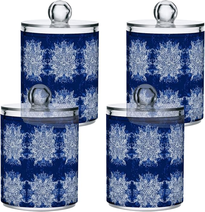 2 Pack Apothecary Jars Blue Snowflake Textile Design Bathroom Vanity Storage Organizer Set,Small Clear Plastic Storage Jars Bathroom Canister for Cotton Swabs, Rounds, Balls, Qtips,Makeup Spong