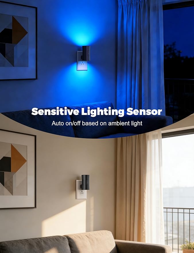 fesnne Night Light, 2-Pack Dimmable Plug-in Night Light with Auto On/Off & 90°Rotatable Plug, 0-100LM Adjustable Brightness, 1W Ultra Low Energy for Bedroom, Hallway, Bathroom, Nursery, Kids, Blue