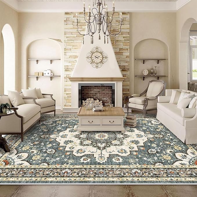 TOPRUUG Washable Oriental Area Rug - 10x12 Rugs for Living Room Soft Carpet for Bedroom Waterproof Floral Distressed Indoor Stain Resistant Non-Shedding Floor Carpets (Blue, 10x12)