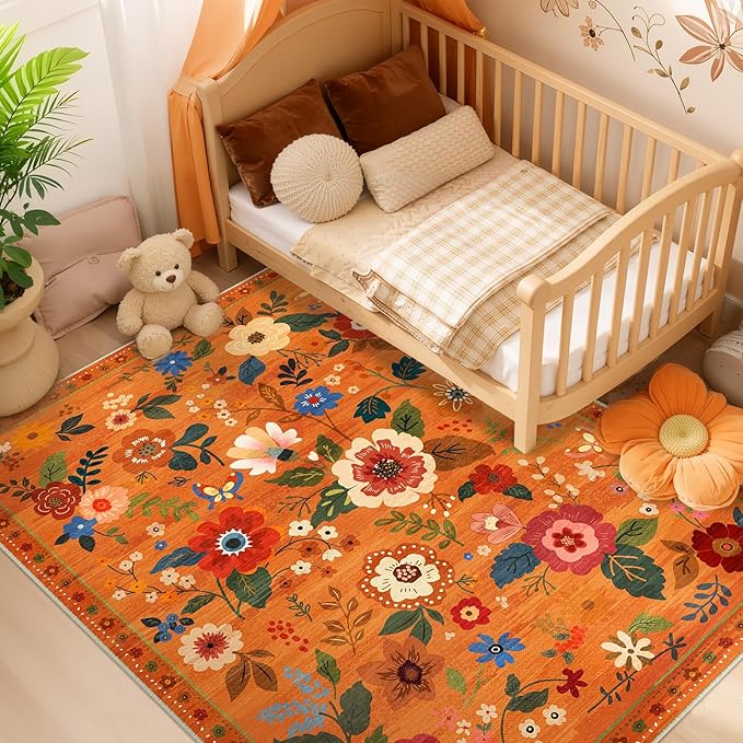 RELEANY Floral Nursery 5x7 Area Rugs Washable Print Boho Cute Carpet Non Slip Flower Low Pile for Living Room Kids Girls Playroom Bedroom Kitchen Office Farmhouse-Burnt Orange