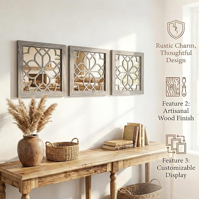 Set of 2 14 Inch Square Brown Window Pane Wall Mirrors, Shatterproof Rustic Farmhouse Boho Vintage Accent Mirrors for Living Room Bedroom Bathroom Entryway