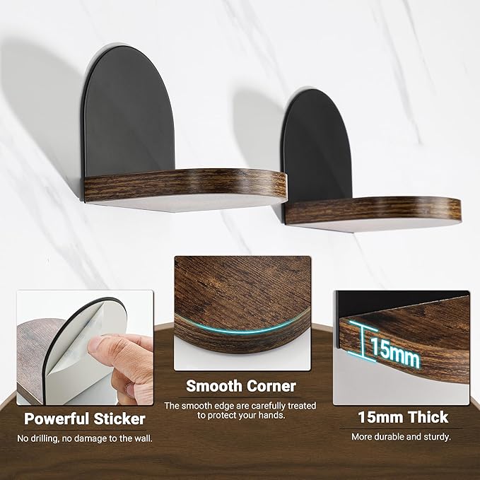SAYAYO Small Floating Shelves for Wall Storage, 4 x 4 Inch Adhesive Wall Shelves for Bedroom Decor, Mini Display Wood Shelf Organizer with Black Base for Living Room, Office, Balcony, 4 Pcs