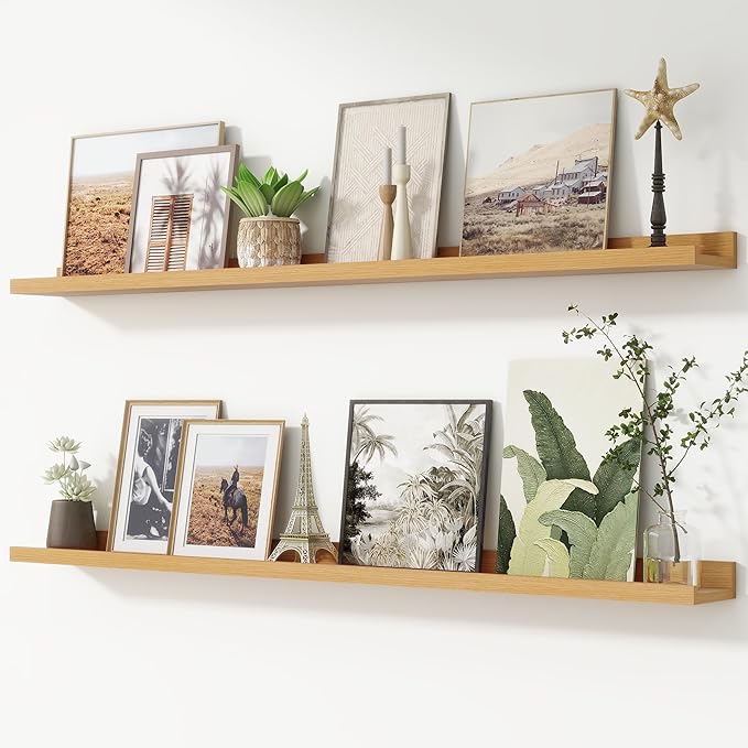 FLYJOE Picture Ledge Shelf, Floating Shelves Set of 2, 52 Inches Nursery Book Shelves for Toys Storage, Kids Bookshelf Wall Mounted for Living Room Bedroom Decor Books Photo Frames, Natural Oak