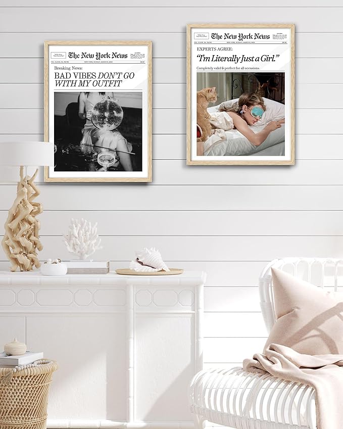 EcoHest Trendy Newspaper Audrey Hepburn Magazine Framed Wall Art, 12x16 in OAK Wood I‘m Literally Just a Girl Canvas Wall Art Home Decor, Beige Retro Set of 1 For Bedroom Living Room