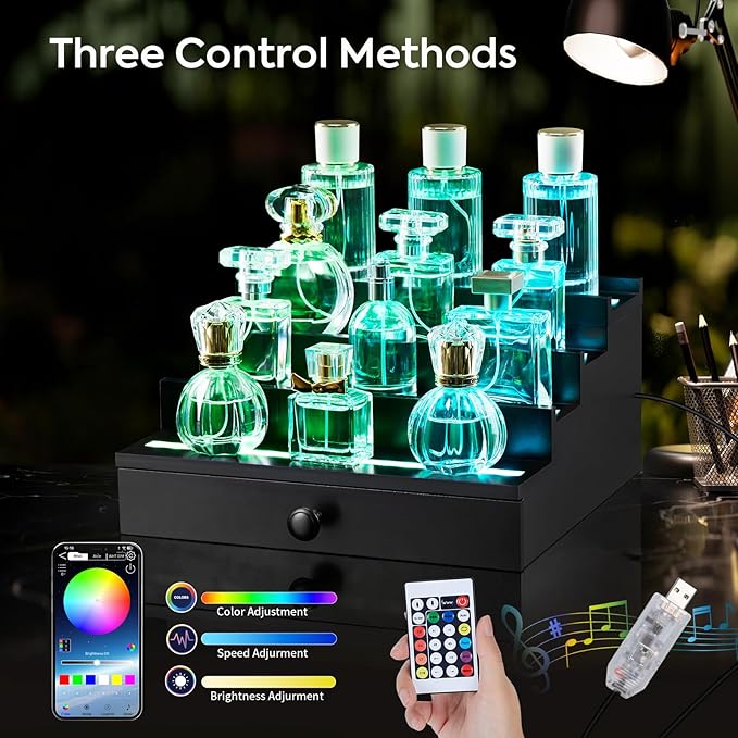 LED-Lighted Cologne Organizer for Men: Multi Lighting Modes Perfume Organizer with APP & Remote Control,4 Tier Wood Perfume Stand with Drawer and Hidden Compartment,Display Riser Shelf-Gift for Men