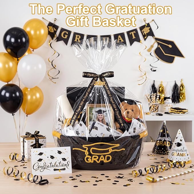 Colingmill 2026 Graduations & Nurses Week Gift Basket Empty to Fill, Woven Rope Basket 15" x 11" x 6" Decorative Storage Baskets with Gift Bag, Bow, Tissue Paper & Year Charm (Black,Gold,Graduation)