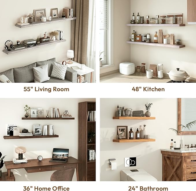 Vivelove Elm Floating Shelves for Wall Solid Wood, 24 Inches Long Rustic Wall Shelf with Invisible Bracket for Living Room Bedroom Bathroom Office, Farmhouse Display Shelf, Set of 2 - Weathered White