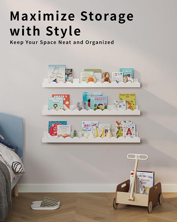 G&W Gruwald Nursery Book Shelves, Set of 3, Nursery Decor for Baby and Toddler, Scalloped Shelves, Book Shelf for Kids Rooms, Wall Book Shelf for Bedroom Kids, Floating Shelf for Wall