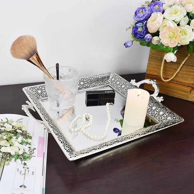 Decorative Glass Mirrored Tray Home Decor Vanity Tray for Dresser Make Up Jewelry Organizer Gold Perfume Tray Rectangle