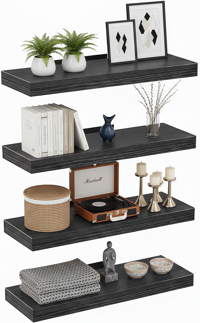 Lufia Floating Wall Shelves, Set of 4, MDF with Invisible Brackets, Modern Storage for Bedroom, Bathroom, Living Room, Kitchen (Black, 15.8" W x 5.5" D x 1.2" H)