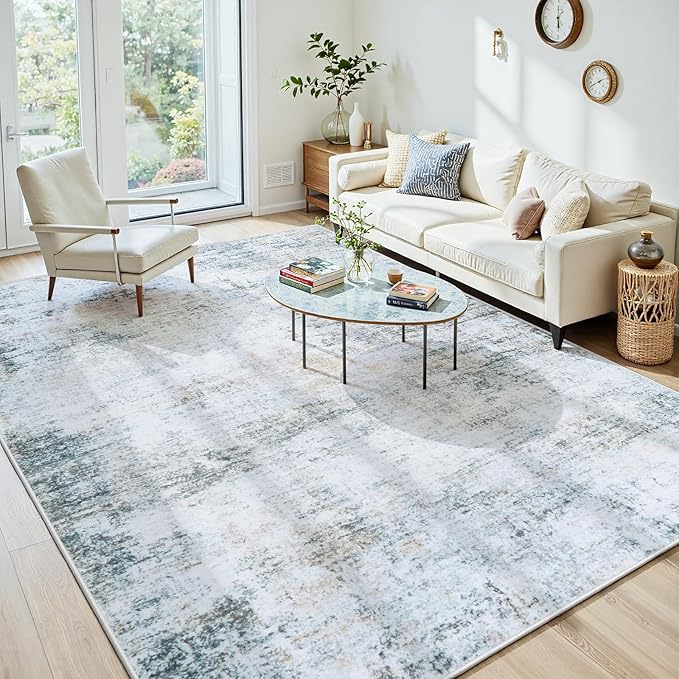 6x9 Area Rugs Washable Rug:Anti-Skid Abstract Modern Living Room Rug Soft Thin Carpets Indoor Floor Non-Shedding Carpet for Bedroom Dining Farmhouse Nursery Home Office(Blue/Grey/Gold/White, 6x9)