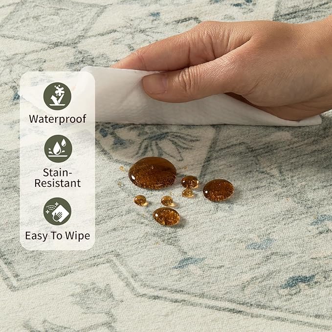Rugxara 8x10 Washable Area Rug for Living Room, Extra Large Vintage Boho Rugs for Office, Kids Room, Farmhouse, Durable Low Pile Non Slip Carpet for High Traffic Areas, Sage Green