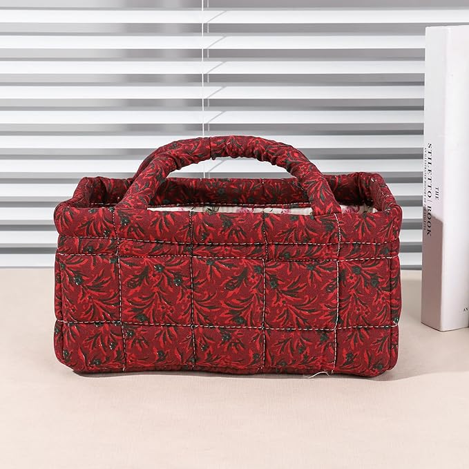 Mini Storage Basket, Small Quilted Boho Fabric Organizer Bin with Handle, Portable Collapsible Basket for Socks, Keys, Diaper